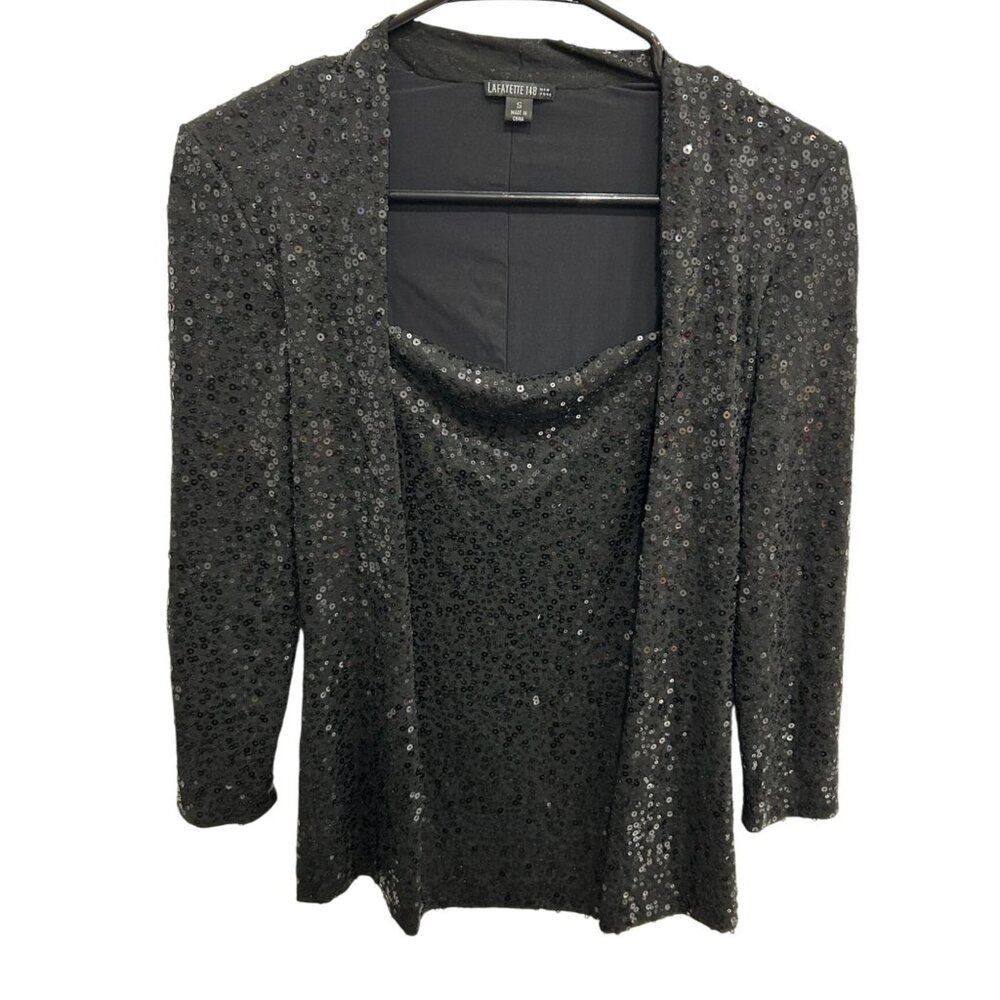 Lafayette 148 New York Black Sequin Silk Blend Long Sleeve Top Sz Small